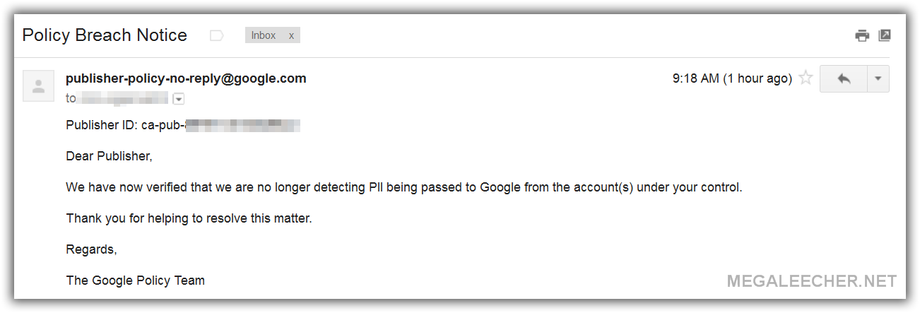 Google Adsense Personally Identifiable Information (PII) Notice