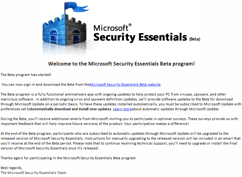 Invitation for Microsoft® Security Essentials Beta