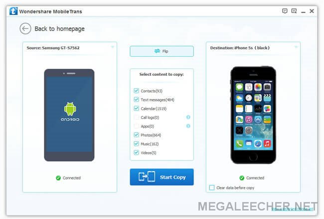 Wondershare MobileTrans Data Transfer Screen