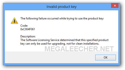 Windows 8 Upgrade key Error