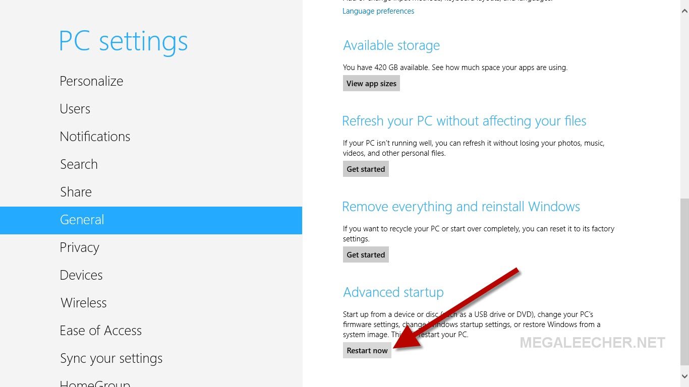 Advanced startup settings in Windows 8