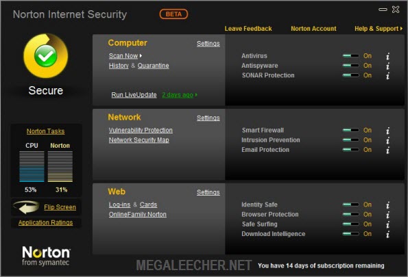 Norton Internet Security 2010 Main Screen