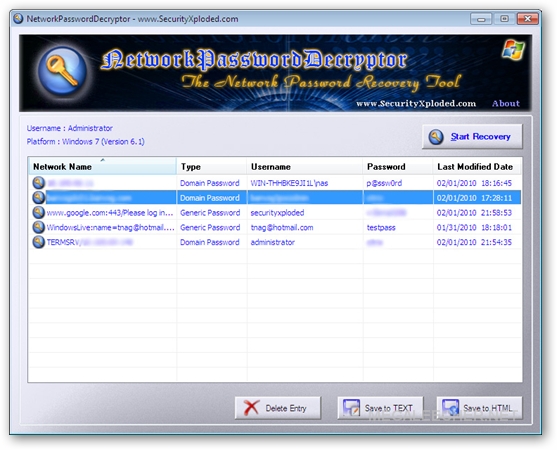 Windows Network Password Decryptor Main Window