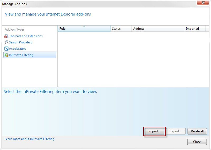 IE9 Filter Import