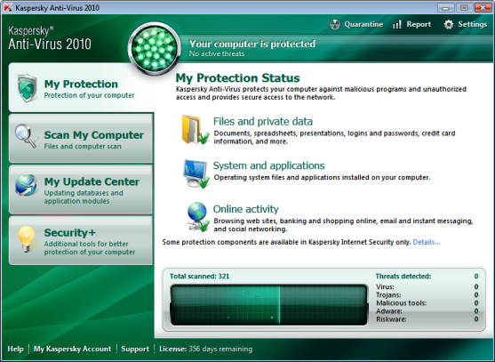 Kaspersky Anti Virus 2010 Main Screen