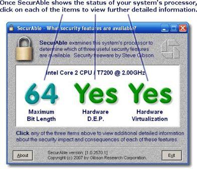 SecurAble Screen Displaying CPU Features
