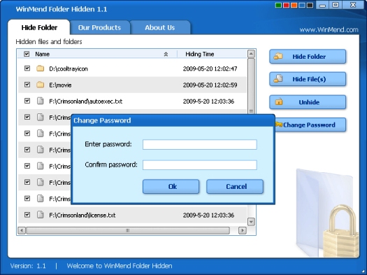 Winmend Hidden Folders Main Interface