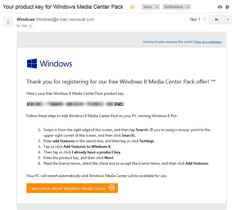 Windows media center upgrade key