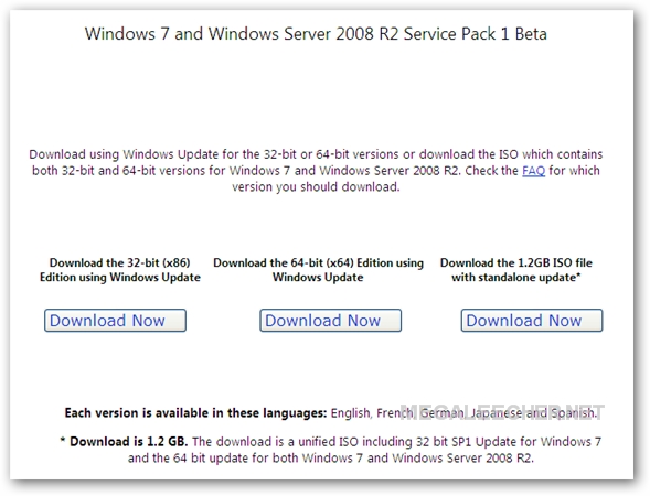 téléchargement de la version bêta publique du kit de service 1 de Windows 7
