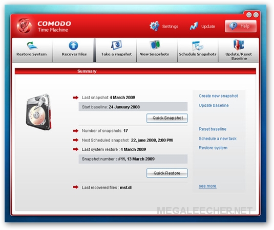 Comodo Time-Machine Main Screen