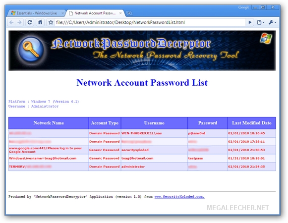 Windows Network Password Decryptor Report